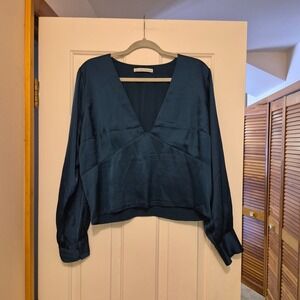 Abercrombie & Fitch Teal Satin V Neck Long Sleeve Blouse Top Womens XL